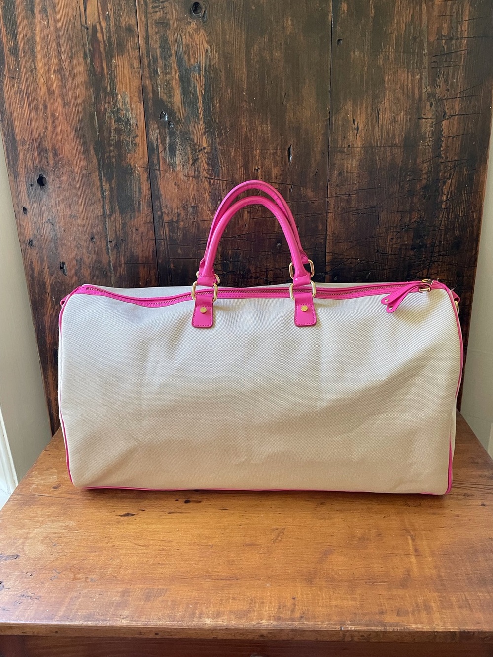 Victoria's Secret Weekender Duffel Bag Canvas Cream Hot Pink Y2K Travel Satchel - Picture 5 of 13